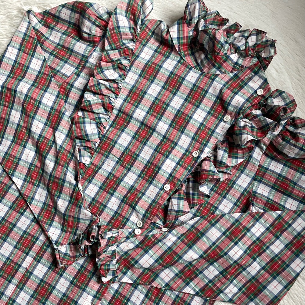 Vintage 80s high neck ruffle plaid button front shirt - Picture 6 of 13
